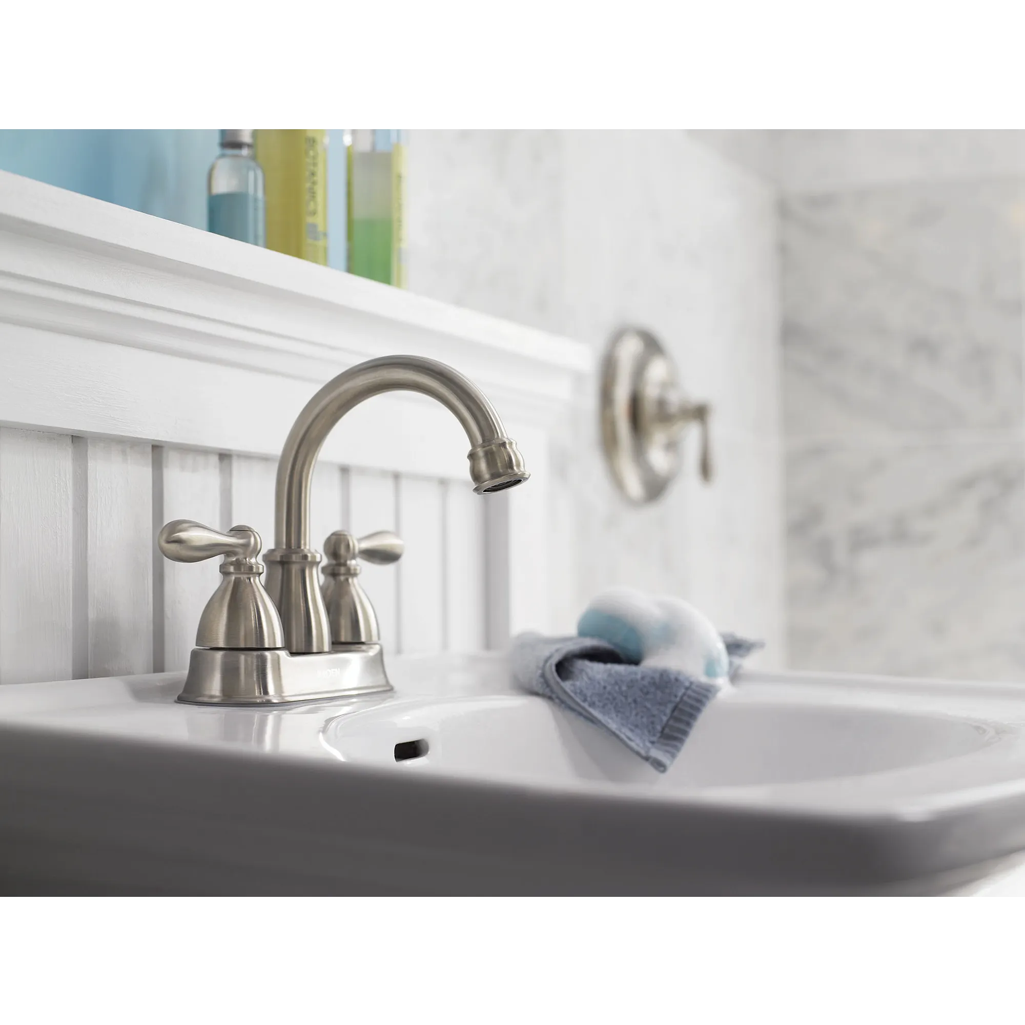Caldwell Classic brushed nickel two-handle low arc bathroom faucet - Image 8