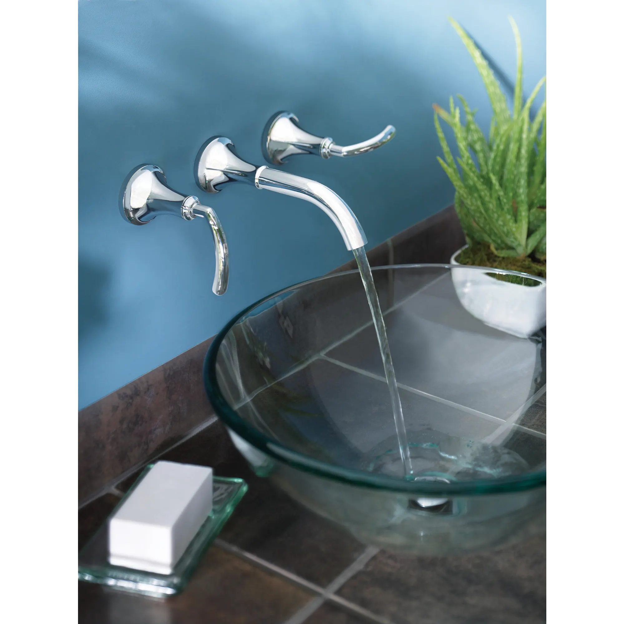 Icon Chrome two-handle low arc wall mount bathroom faucet