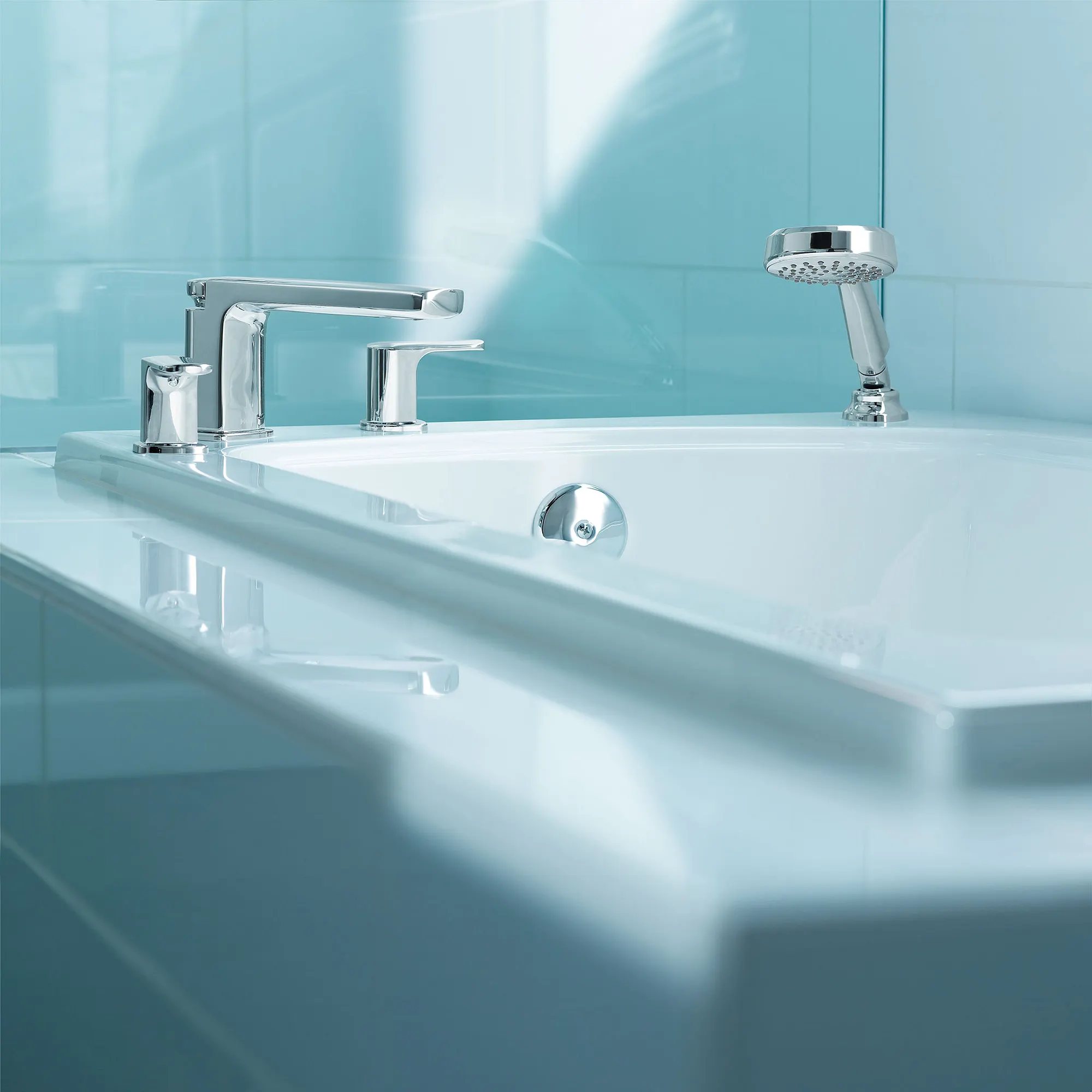 Rizon Chrome Two-Handle Low Arc Roman Tub Faucet including Handheld Shower
