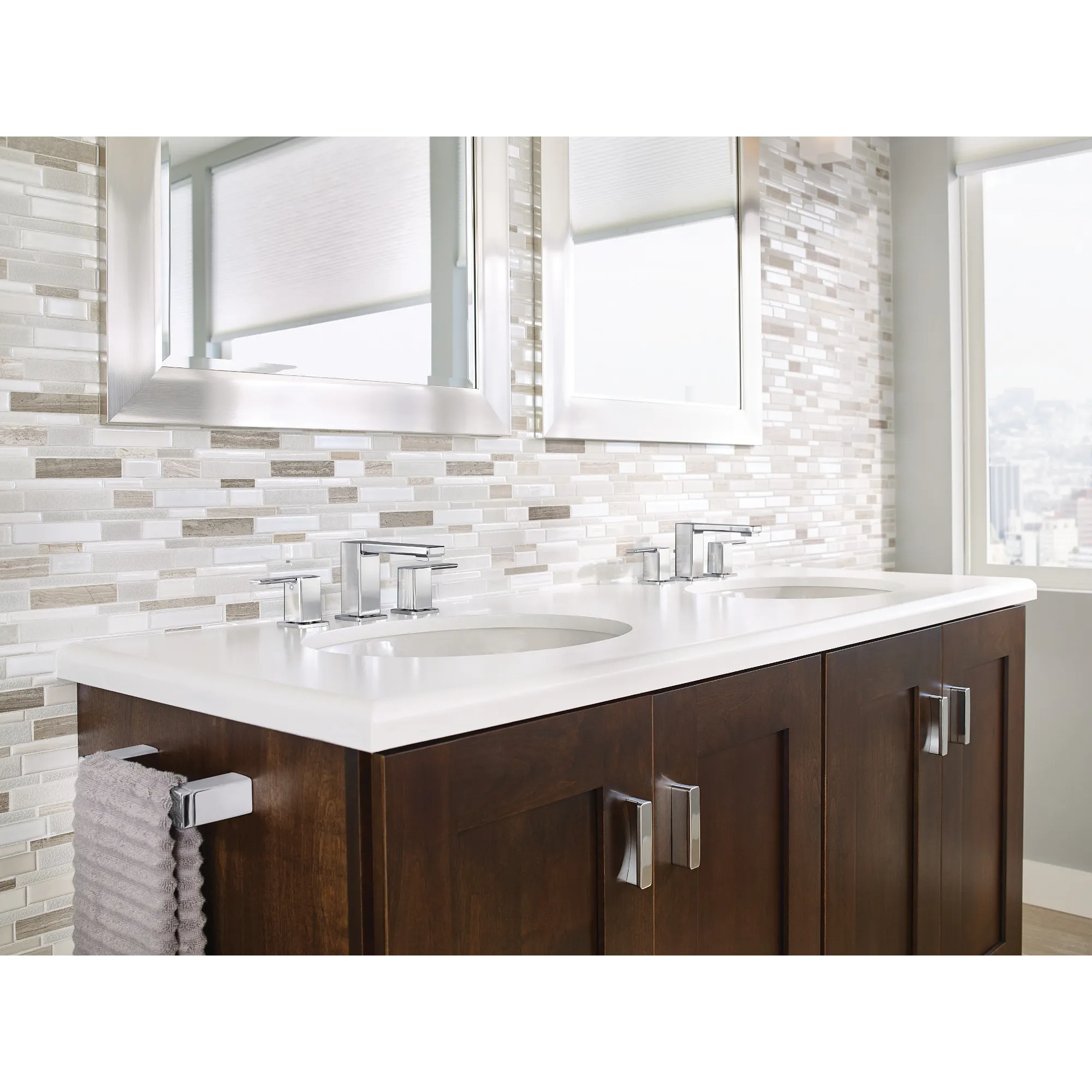 90 Degree Chrome Two-Handle Low Arc Bathroom Faucet